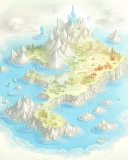 A fantasy map of an island with 3 different climates; desert, snow and forest. Include a mountain in the snow climate and a lake in the middle of the island. Pencil style drawing