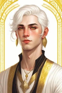 a wealthy half-elf young man with pointy ears and dark eyes, wears lots of jewelry, white hair, wearing white and gold