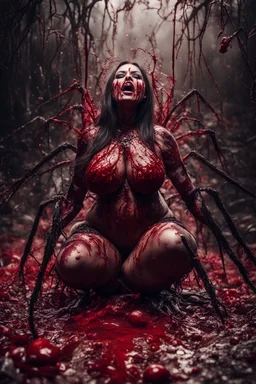 Huge woman with many spiders from his body, sit pose, fullbody, splashes blood, behind guts rising from the ground, darkred tones, macro photography,