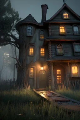 Realistic scene of monster house. Night, fog. highly detailed, concept art, smooth, unreal engine 5, god rays, ray tracing, RTX, lumen lighting, ultra detail, volumetric lighting, 3d, finely drawn, high definition, high resolution.