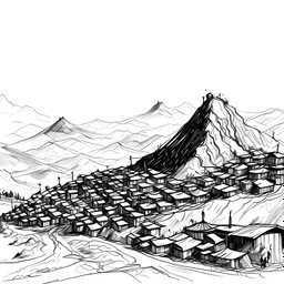 a town with a wall, around a mountain. Pen sketch, black and white. HD