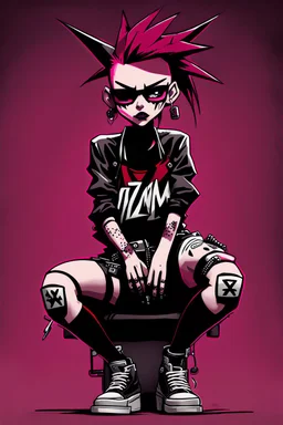 Punk girl, sit pose, darkred tones, style Invader Zim,