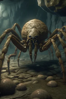 A huge, scary monster spider that people are afraid of, as it secretes mucus from its mouth to catch its prey. It is surrounded by rocks and skulls and a huge spider web in a wonderful cinematic scene.