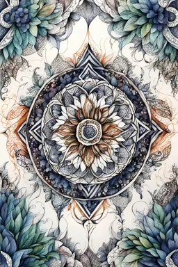 watercolor random symmetric Zentangle patterns that depict the personification of Nature, highly detailed, with fine ink outlining