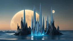 Three tall clear blue crystal spires stand on a deserted ocean island surrounded by beams of moonlight. High resolution 8K, moderate specularity, cinema 3D, chrome ball suspended, highly detailed, surrealism by Dorothea tanning, enrico donati