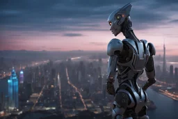 Humanoid robot looking out over an alien city skyline at dusk