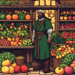 [psychedelic pixel illustration by Jannell Jaquays with Solstice colour palette] the medieval framer merchant stands in front of his farmstand, full of fruits and vegetables