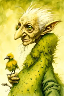 Artist Jean-Baptiste Monge style. A biomorph banana-headed old woman. White eyes. A yellow dotted green furry feathered fluffy dress.