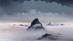 looking up at misty foreground and night sky background, no sun, single sharp narrow mountain peak coming through the mist in the center