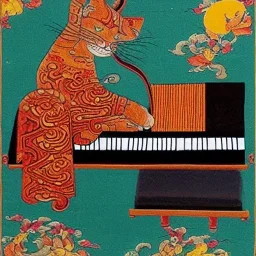 cat playing piano in style of tibetan thangka