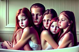 digital art of beautiful young auburn hair teenage girls with dad in the bedroom in a bathtub with grandpa hugging bare lips