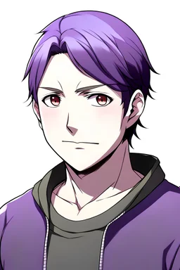 adult anime man with short dark purple hair, with dark brown eyes, overweight,