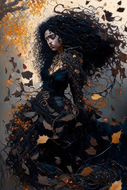 abstract creation of a beautiful girl with black curly hair, surrounded by black roses, thick metal chain broken, glass petals on the ground, autumn colours,dried out thorn bush, chaos,