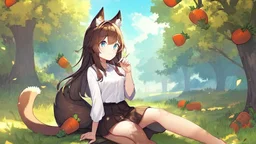 1girl, sitting, animal ear, tree, carrot on hand , brown bunny ears, brown bunny tail, short blue skirt, long brown hair, white shirt, blu eyes