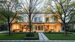 A health clinic in a residential area with gardens and trees. The architecture is not monumental and is human-scale, with a design that conveys calm and tranquility to patients. The facades are made of translucent glass and light wood, creating a soft, diffused light that illuminates the interior without glare. The floor plan is open and flexible, with waiting rooms, consulting rooms, treatment rooms, and staff areas, all organized clearly and logically. The structure is light and delicate, with