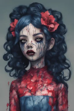 full body color, illustration of a darkblue and red tones, menacing, Singer Melanie Martinez face, as a decayed, broken, skin turned translucent, black veins that extended like roots beneath her skin, latex suit, crude homemade cloth doll toy, with a narrow cracked porcelain face, thick dark eyebrows, hair in two gradually, made from ragged strips of cloth, in the style of Alex Pardee, Tim Burton, and Nadya Sheremet