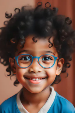 Indian kid with poofy, curly hair wearing glasses
