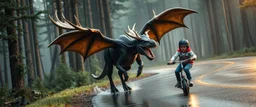 moose dragon rex with powerful wings in forest by the wet shiny road taking a bite of a young nerd on a scooter