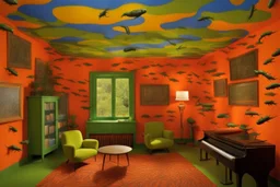 A surreal living room with flying salamanders by artist "Sandy Skoglund",by artist "Hundertwasser",by artist "Victor Enrich"