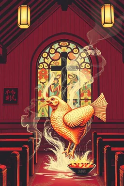 smoking chicken fish inside a church japanese style in the style of warhol