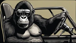 Gorilla wearing thick glasses driving a car. Illustration in the style of Ed "Big Daddy" Roth.