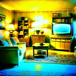 Liminal living-room, odd, blurred, 1990's computer image, nostalgia