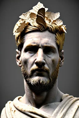 Ultra Realistic image, Roman sculpture, white marble material, Lionel Messi, gold Laurel leaves wreath, gold ornaments, chisel style, waist up portrait, epic, celestial, cinematic lighting, God light, god rays, 4k resolution, smooth details, ornate details, soft lighting, unreal engine 5, marble background.