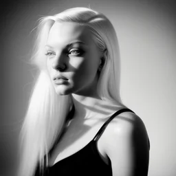 Mujer rubia iluminada, retrato medio cuerpo, iluminada potentemente desde el lado derecho, blanco y negro vaporoso, peinado a lo Verónica Lake al estilo del fotógrafo Hugo Alonso