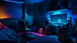 Dimly lit night time gaming room, with a messy bed and a single desk with a gaming PC, two monitors on the desk, gaming chair, bed is in the background under a window, the room is filled with neonlights, night time, atmospheric, detailed.