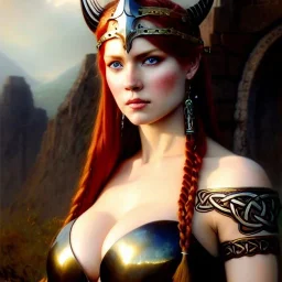 portrait 'beautiful Sexy busty Redhead Sif',long hair Braids,horned helmet, celtic tattoed,painting by gaston bussiere, greg rutkowski, yoji shinkawa, yoshitaka amano, tsutomu nihei, donato giancola, tim hildebrandt, oil on canvas, cinematic composition, extreme detail,fit full head inside picture,32k