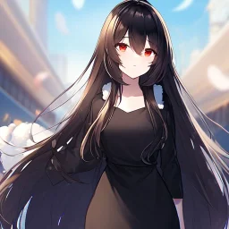 Clear focus,8k,Beatiful Lighting,Beatiful Shading,Detailed,black long hair,fluffy hair, long fluffy bangs, red eyes, wearing a black outfit with a short black skirt