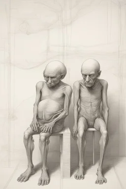 The full body of two fat old men , a thin line draw ، Siamese brothers with one body of two heads , front view camera, decayed and rotting with grotesque proportions and imagery. surreal horror, biomechanical design, by hr giger and beksinski , fine lines draw