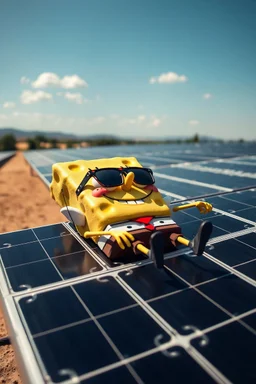 Spongebob lying on a solar panel, sunbathing, sunglasses on, in the distance, wide view, solar farm in the background