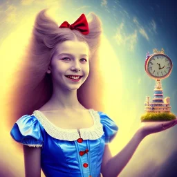 3D close-up of a beautiful "Alice in the wonderland",ten years old, sarcastic smile, high contrast, glowing backlighting, blue and red backlighting, vibrant hair, dark brown eyes, sharp focus, high makeup, medium face painting, background blur.