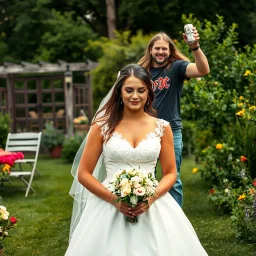 focus on a bride and groom serious wedding photo in a country garden in the foreground, behind the bride and groom in background is a queasy looking man with long hair in an AC/DC t shirt and jeans smiling goofily raising a budweiser can, photobomb, photoreal HD quality