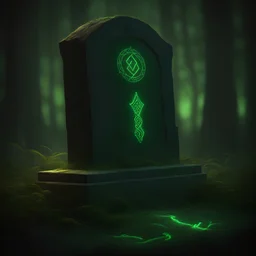 A grave stone, green glowing runes