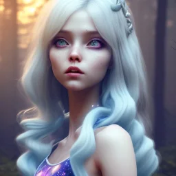 cute forest creature with long, curled, white hair and blue eyes. atmospheric, realistic, unreal engine cosmic galactic, cinematic lighting, octane render, random colors, transparent, cosmic ambiance, masterpiece, composing fit inside