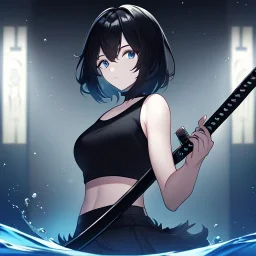 Clear focus,High resolution, black short fluffy hair, long fluffy bangs, and dark blue eyes, Depressed girl, wearing a black short shirt with a black sleeveless crop top, dark aura, controlling water, in a black room, holding a katana