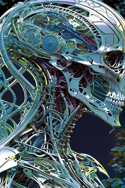 3D rendering of Expressively detailed and intricate of a hyperrealistic “alien anatomy”: side view, scientific, single object, glossy white, shinning silver , a lot of vines, tribalism, laboratory background, shamanism, cosmic fractals, octane render, 8k post-production, detailled metalic bones, dendritic, artstation: award-winning: professional portrait: atmospheric: commanding: fantastical: clarity: 16k: ultra quality: striking: brilliance: stunning colors: amazing depth