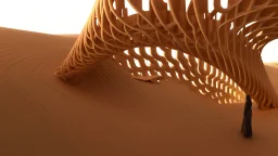 A person standing inside of a wooden structure, infinite fractal waves, architecture award winner, Autodesk, sand dunes, by Alexander Robertson, flowing fabric, speleothems, exaggerated details, non-pleated section, plexus, beautiful artist rendering