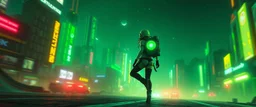 cyberpunk space city, in valley, A space priest rogue cowboy girl biker astronaut with disco ball rocket backpack named Daisy started doing the splits, Blew a fuse in his hips and short-circuited his bits, The Martian fluffy gremlins went wild, the Plutonians dogs screamed, Even black-and-white aliens turned ultraviolet green! in the style of fallout 4 and HR Giger, background motion blur , and volume fog spot lights