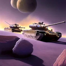 Ralph mcquarrie painting of a Futuristic armored tank rolling over a crater, purple sky, 4k, highly detailed, minutiae, trail, boulders, smoke