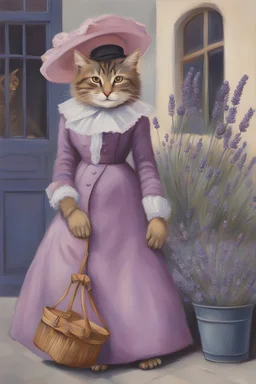 Painting of 1 anthropomorphic dressed female cat selling lavender in Vienna