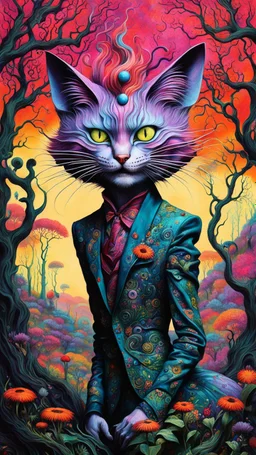 full body ink oil portrait of Tilda Swinton as an Evil Cheshire Cat , in a surreal Wonderland landscape with trees of strange shapes, and flowers of all kinds in the style of Max Ernst, Yves Tanguy, Zdzislaw Beksinski, and Ravi Zupa, highly detailed hair and facial features, in vibrant chromatic colors