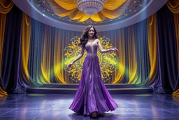 modern stage with gray-dark yellow blueish violet theme artistic decoration , color full dynamic lighting, a beautiful lady in maxi dress with shining silver jewels ,curvy long hair,dancing, 3D recursive fractal structure animating background