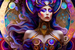 art by Alfons Mucha in the style of Salvador Dali, muted psychedelic colors, Lady Gaga as a high elf steampunk queen, in a biomechanical universe, HD 4K ultra high resolution, photo-real accurate, cinematic volumetric lighting