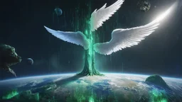 matrix universe, space, planets, god creation, angels from other dimensions with beautiful wings, trees on the planet, behind green crystals of light, few tiberium monolith deposits on the planet near tree,