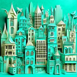 A mint colored city with musical instrument shaped buildings designed in Chinese paper art painted by Vincent van Gogh