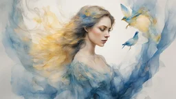 Victorian era, watercolor drawing, double exposure, fine rendering, portrait of a beautiful woman 30 years old, airy transparent dress, double exposure, bird, fantasy, blue, yellow, flowing hair, highlights, sparkles, clear lines, detail, fine drawing, high resolution , 8K, photorealism, precise focus,