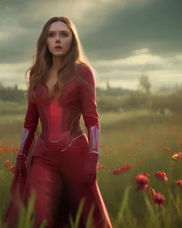 Feiticeira escarlate, Elizabeth Olsen, feiticeira, magia, bonita, cenário em um campo de flores, cinematográfico, dramático, por do sol, campo de flores, cores frias